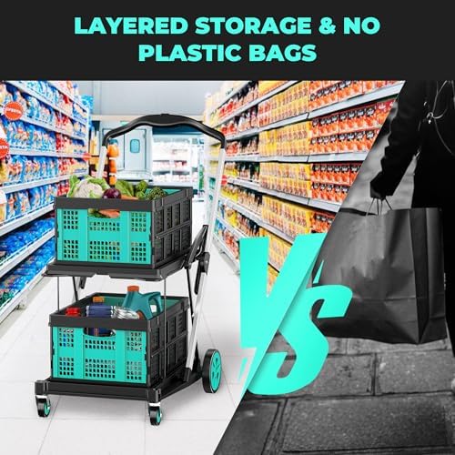 8-in-1 Max 200LBS Collapsible Shopping Cart on Wheels with 2 Storage Crates, Portable Foldable Shopping Cart with Foot Brake for Picnic, Supermarket, Office, Blue-2026 Upgraded - Image 6