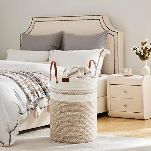 VIPOSCO 72L Tall Woven Rope Laundry Hamper, Leather Handles, Brown & White - Image 4
