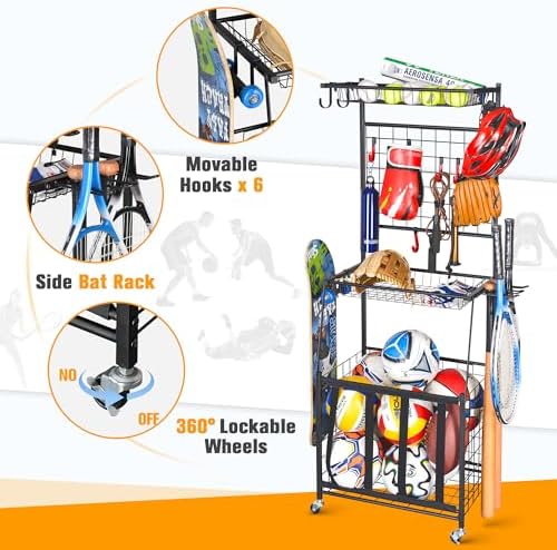 PLKOW Sports Equipment Storage for Garage, Indoor/Outdoor Sports Rack for Garage, Ball Storage Garage Organizer with Basket and Hooks,Toy/Sports Gear Storage - Image 4