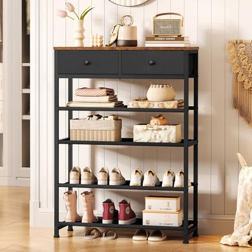 usikey Shoe Rack, 5 Tier Shoe Storage Organizer with 2 Drawers, Metal Shoe Shelf for 12-16 Pairs of Shoes, with 4 Oxford Fabric Shelves and Wooden Top, Shoe Stand for Closet Entryway, Black - Image 4