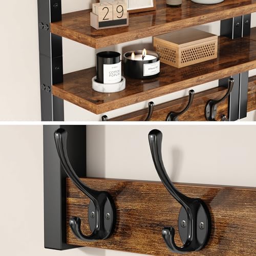 Double Shelf Coat Rack Wall Mount with 8 Hooks, Rustic Brown HWS009H-2 - Image 4