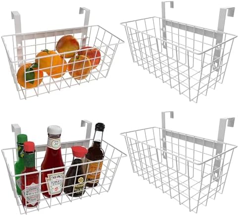 MaraFansie Basket with Hook, Grid Storage Basket, Over the Cabinet Door Organizer, Wire Hanging Basket with Hook Over the Door/Railing, Under Sink Kitchen Cabinet, Pantry, Bathroom, White, 4 Pack by MakeStorageMoreFun