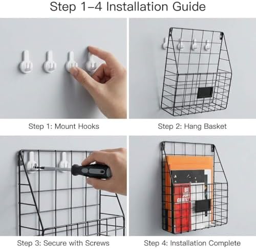 QWORK Metal Wire Wall Mounted File Organizer – 2 Pack Fits A4 & Letter Size, Space-Saving Storage for Office, Home & Entryway - Image 3