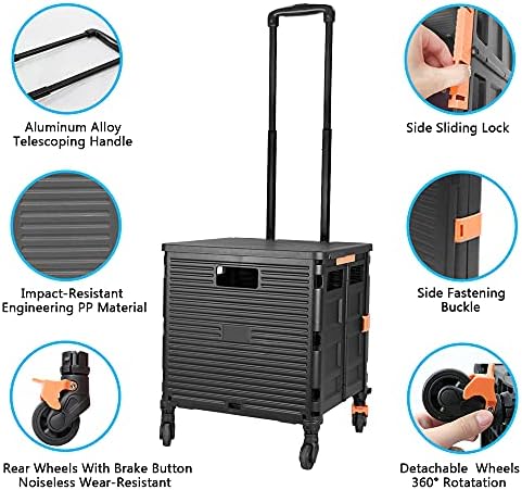 FELICON SELORSS Foldable Utility Cart Folding Portable Rolling Crate-Black - Image 2