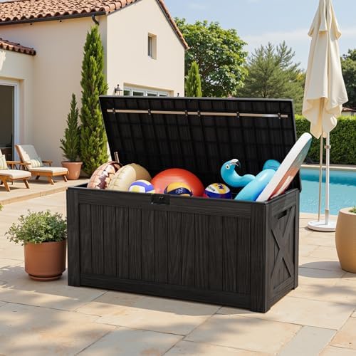 Greesum Outdoor Storage Box 120 Gallon Storage Bin with Lid for Patio Furniture, Garden Tools, Pool Supplies, Lockable, Waterproof and UV Resistant, Black - Image 2