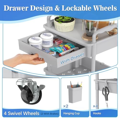 SUNALLY 3 Tier Rolling Cart with Drawer, Craft Storage Cart Organizer, Gray - Image 3