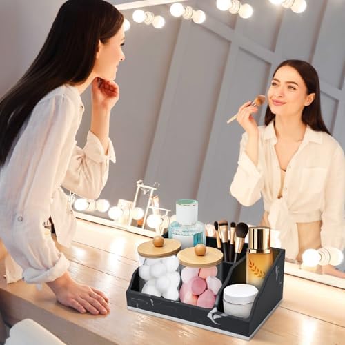 Bathroom Counter Organizer, Black Marble Toothbrush Holders for Bathrooms with 2PCS Qtip Holder, Bathroom Organizer Countertop Toothbrush and Toothpaste Holder for Makeup Organizer for Vanity - Image 5