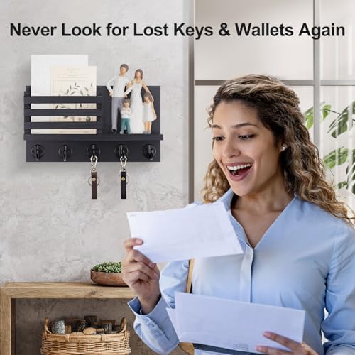 Lwenki Key Holder for Wall – Decorative Wooden Mail Holder and Key Shelf with Mounting Hardware, Installation Guide – Paulownia Wood with Metal Key Hooks (Black, Large - 11.8inch) - Image 6