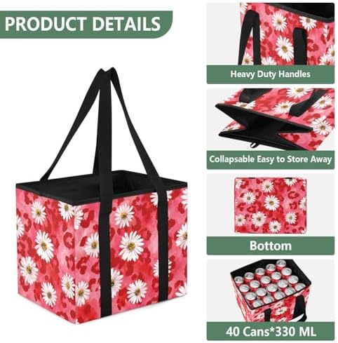 Trunk Organizer Collapsible Car Organizer with Handle Car Storage Box Bin for Groceries SUV Utility Tote Bag Portable Vehicle Container Leopard Print Daisy Red - Image 3