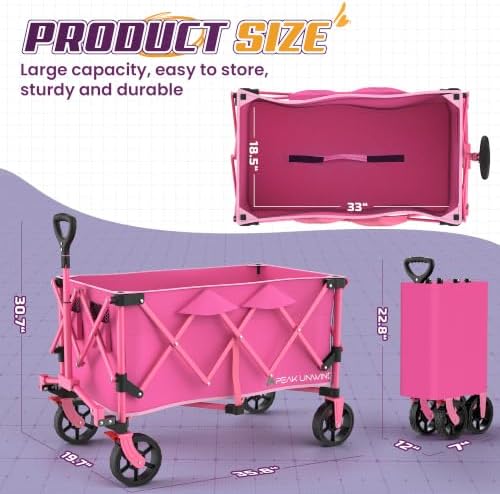 Wagons Carts Foldable,Collapsible Wagon with Wheels,450LBS Heavy Duty Beach Wagon Cart,Lightweight Portable Folding Utility Wagon Cart with Cup Holders for Camping, Garden, Sports, Grocery pcs (Pink) - Image 2