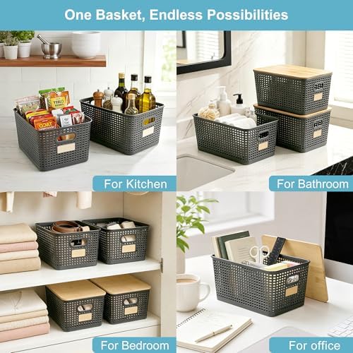 Bagnizer 2 Pack Tall Plastic Storage Bins with Bamboo Lids, 10.8qt Stackable Storages Baskets for Organizing Desktop Closet Playroom Classroom Office, 12"L x 8.3"W x 6.1"H, Gray - Image 5