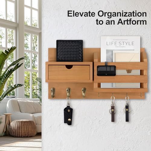 Lwenki Wall Mount Key Holder with Mail Organizer, 100% Paulownia Wood, 7 Metal Hooks, Storage Drawer, Entryway Home Decor - Image 4