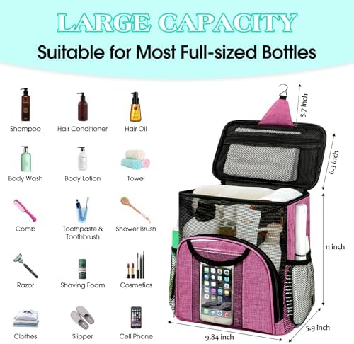Attmu Portable Shower Caddy College Tote Bag, Quick Dry Hanging Toiletry Bag, Large Capacity Mesh Shower Caddy Portable for College Dorm Room Essentials for Boys and Girls for Bath Camping (Pink) - Image 2