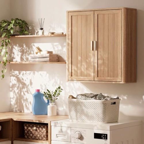 INNOD Bathroom Storage Wall Cabinet, Over the Toilet Storage Cabinet Above Toilet Storage, Medicine Cabinet with Adjustable Wood Shelf & Doors for Laundry Room & Kitchen & Living Room (Natural Oak) - Image 7