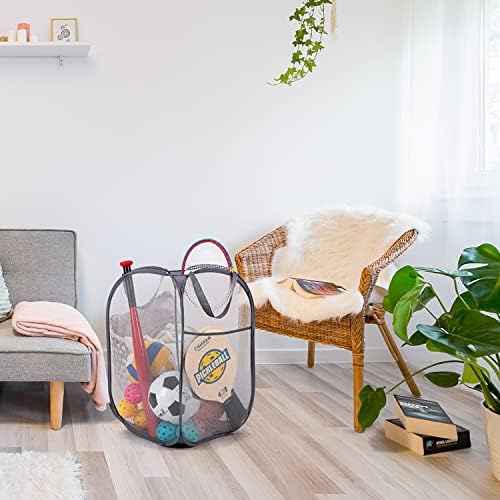 BATTOO Deluxe Strong Mesh Pop up Laundry Hamper Basket with Side Pocket Foldable Hamper for Laundry Room, Bathroom, Kids Room, College Dorm or Travel Grey + White - Image 6