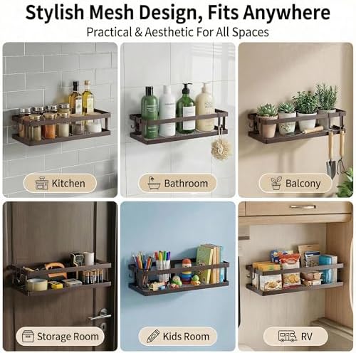 PUSDON 2-Pack Minimalist Shower Caddy Wall Mount, Open Frame Bathroom Shelf Organizer with Mesh Base, Rustproof Floating Spice Rack for Kitchen, Holds 50 LBS, 4 Hooks - Vintage Bronze, Guardrail - Image 4