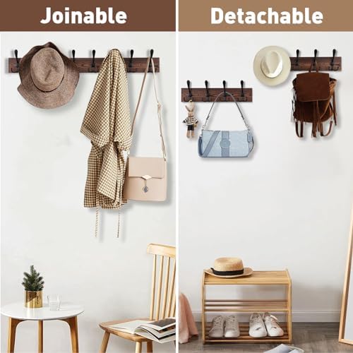 Kuhome 32.2'' Large Coat Rack Wall Mount Coat Hooks Coat Hanger with 8 Metal Black Triple- Hooks Brown Pine Real Wood Plank Hat Rack for Wall Hooks for Hanging Coat Hat Jacket - Image 7