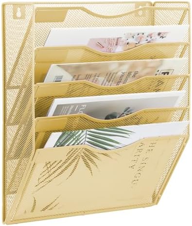 EASEPRES 5 Pocket Mesh Hanging Wall File Organizer, Wall Mounted Mail Paper Document Folder Holder, Clipboard Storage Organization Magazine Rack with Nametag Label for Office Home School, Gold by EASEPRES