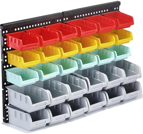 MULSAME Wall Mounted Storage Bins Parts Rack 4 Colors Bin Organizer Garage Plastic Shop Tool, Garage Organizers and Storage (Style-Serene) 25.2"*16.2" by MULSAME