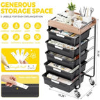 SYKIARIOL Utility Cart with 5 Labeling Drawers and Wooden Tabletop,Black - Image 2
