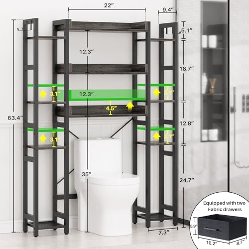Besiost Over The Toilet Storage, 11 Tier Bathroom Organizer with Dual Side Racks and 2 Fabric Drawers, Adjustable Freestanding Rack Space Saver for Small Spaces, Grey Oak - Image 3