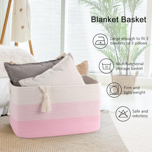 OIAHOMY Blanket Basket Laundry Basket Dog Toy Basket 75L Pink/White - Image 6