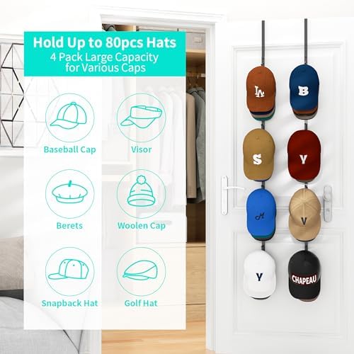 HapiRm Over Door Hat Rack - 4 Packs Metal Hanging Hat Organizer with 16 Hooks Design, Baseball Cap Hanger Organizer Storage Holds up to 80 Caps for Door, Bedroom, Closet - Image 3