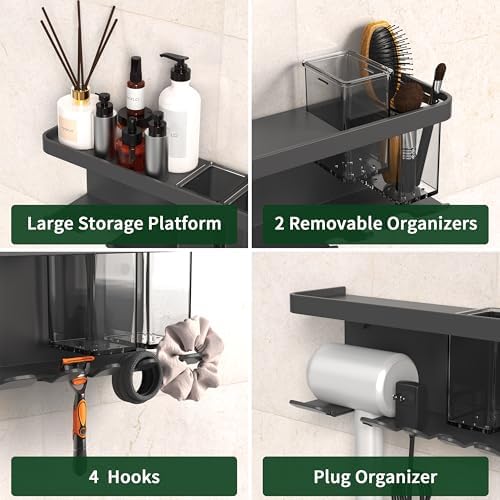 Hair Dryer Holder Wall Mounted Adhesive/Drilling, Hair Dryer Storage Organizer with Shelf & Hooks for Bathroom, Blow Dryer Holder, Hair Tool Organizer (Grey) - Image 3