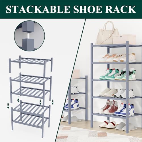 Smiry Bamboo Shoe Rack, 8 Vertical Slats, 4 Tier - 17.3" Wide, Grey - Image 4