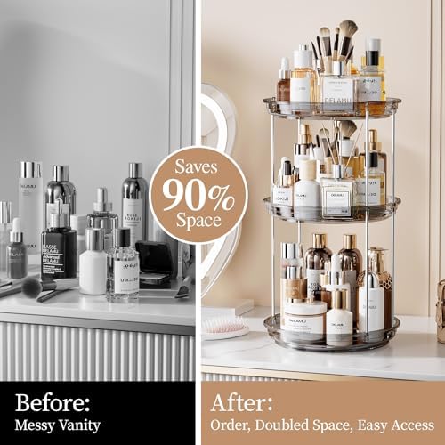Delamu 3 Tier Rotating Makeup Organizer for Vanity, Skincare Organizer for Bathroom Counter, Spinning Perfume Organizer Cosmetic Holder with Large Capacity, Grey - Image 3