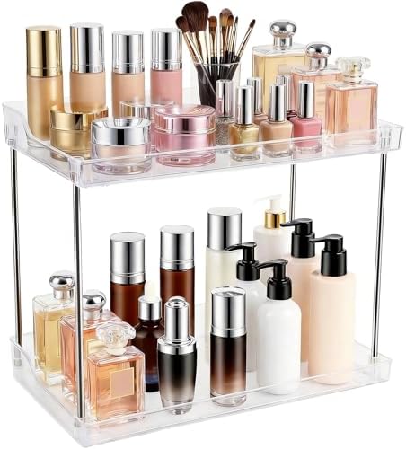 2 Tier Bathroom Counter Organizer, Clear Vanity Shelf Organizer for Skincare & Perfume, Non-Slip Bathroom Counter Shelf for Small Spaces, Bathroom Vanity Organizer Countertop (Rectangular) by SLLPLUS