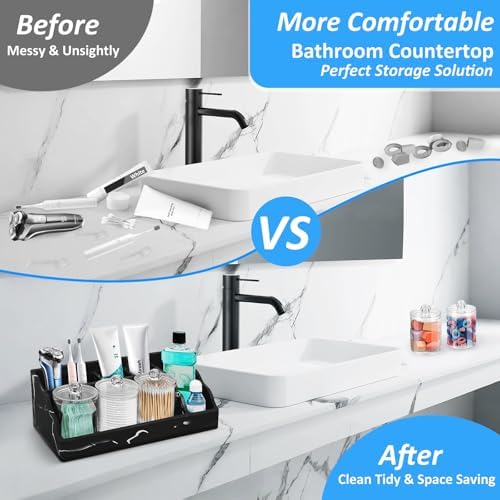 Marble Bathroom Countertop Organizer, Black Toothbrush Holders for Bathrooms Counter Organizer with 3PCS Qtip Dispenser, Toothbrush and Toothpaste Holder for Bathroom Organization Vanity Storage - Image 3