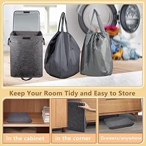 Foldable Laundry Hamper with 2 Removable Drawstring Bags,Portable Laundry Basket with Lid & Easy Carry Handle,Durable Clothes Hamper for Space-Saving Organizer in Bedroom,Bathroom,Dorm,Nursery,RV,Grey - Image 6