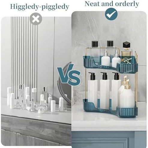 INVSSENE Corner Bathroom Countertop Organizer, Vanity Organizer Trays for Counter, Makeup Organizers, Perfume Tray, Skincare Shelf Storage Gifts for Women Girl Student (Blue, 2 Tiers) - Image 3
