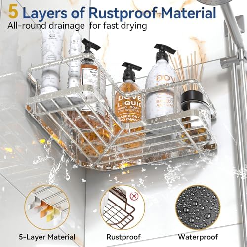 YASONIC Corner Shower Caddy Organizer, Self-Adhesive Rustproof Bath Shelves with Soap Holder & 4 Hooks, Large Capacity Shower Storage Rack for Bathroom Organization, (3Pack, Silver) - Image 3
