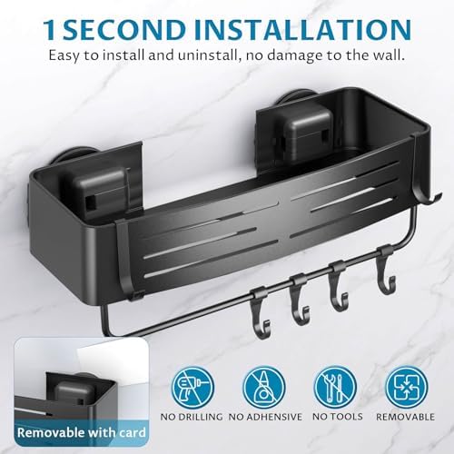 Onemake Shower Caddy Suction Cup, 2 Pack Shower Shelf with Hooks, Black - Image 6
