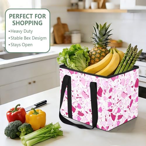 Trunk Organizer Collapsible Car Organizer with Handle Car Storage Box Bin for Groceries SUV Utility Tote Bag Portable Vehicle Container Pink Terrazzo - Image 5