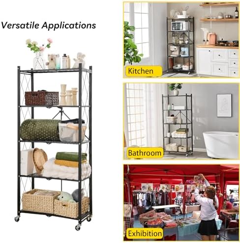 BRIAN & DANY 5-Tier Foldable Storage Shelves with Wheels, Folding Metal Rack Shelving Unit, Heavy Duty No Assembly Organizer Shelf for Garage, Kitchen, Basement, Pantry, Black - Image 5