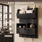Rebee Vision Pine Wood Key Holder Wall Mount with Drawer, Distressed Black - Image 5