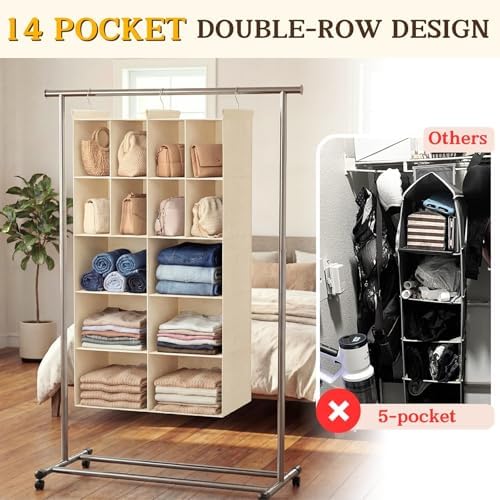 5 Tier Hanging Closet Organizer, 14 Compartments Dual Row Storage, Beige | Closet Organizers and Storage with Large & Small Pockets, 3 Sturdy Hooks Support Heavy Loads, Ideal for Dorm, Garment Rack - Image 4