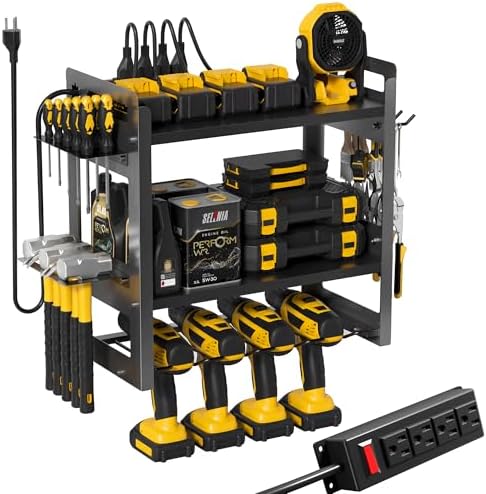 TOPRINCE Power Tool Organizer Wall Mount with Charging Station, 3-Tier Heavy Duty Metal Tool Rack with 4 Drill Holders and 6FT Power Strip, Garage Workshop Storage.Black by Unknown