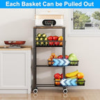 Fruit Vegetable Storage Basket for Kitchen, 4 Tier Large Pull-Out Metal Wire Baskets with 3 Pack Mats Bottom, Wood Top and Wheels, Vegetable Produce Bins Stand Cart Rack for Onions and Potatoes - Image 3