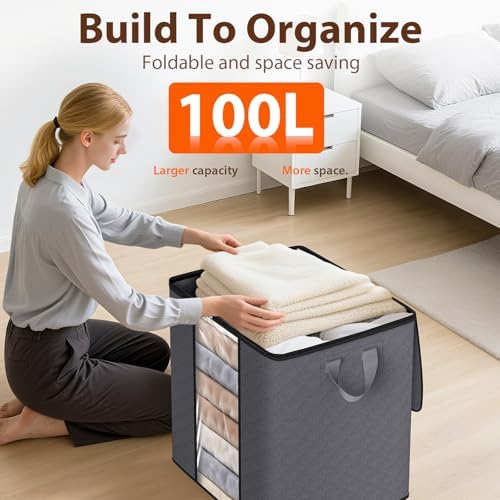 SpaceWhisper 3 Pack 100L Clothes Storage, Foldable Storage Bags, Grey | Thick Fabric, Clear Window, with Reinforced Handle, for Clothing, Blanket, Comforters, Bedding Organizing - Image 5