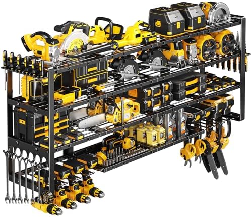 POKIPO Extra Large 64" W Power Tool Organizer Wall Mount, 1000 lbs Load Capacity, Heavy Duty 4 Tier Garage Storage Rack with 8 Drill Holders, 2 in 1 Corner or Straight Installation by POKIPO