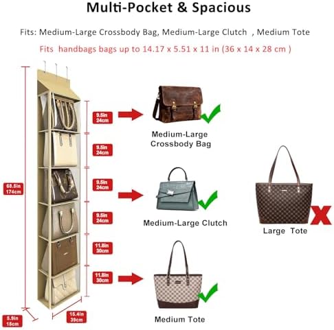 Lirex Over The Door Purse Organizer & Purse Shelf for Closet – Handbag Storage Organizer with Purse Hanger. Perfect for Scarves, Hats, and Leggings. L (15.7'' x 5.7'' x 68''), Khaki - Image 2