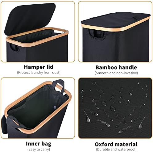 iEGrow 60L Slim Laundry Hamper, Narrow Laundry Basket with Lid,Foldable Clothes Hamper with Bamboo Handles,Hamper Basket with Removable Inner Bag for Laundry Room Bedroom College Dorm,Black - Image 2