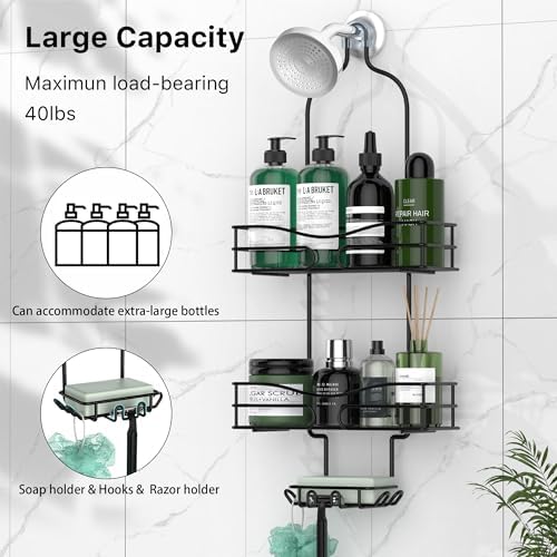 DAOYA Bathroom Shower Caddy Hanging - 3-Tier Organizer with Soap Holder & 6 Hooks for Towels, Sponge; Fits 21mm Shower Head Arm, Black - Image 3