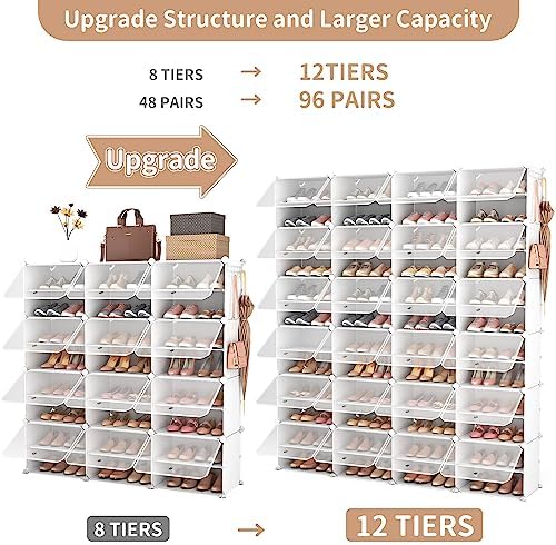 ROJASOP Shoe Storage Cabinet, 12-Tier Shoe Organizer 96 Pairs Extra Large Plastic Shoe Rack with Covers Portable Shoe Rack Organizer with Doors Big Shoe Rack for Closet Entryway Bedroom - Image 4