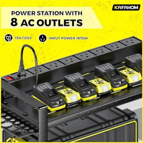 KAFAHOM Power Tool Organizer with Charging Station.Garage 8 Drill Holder Built in 8 Outlets Power Strip,Tool Storage Shelf Wall Mount,Tool Battery Organizer with Screwdriver/Hammer/Air Tool Rack - Image 2