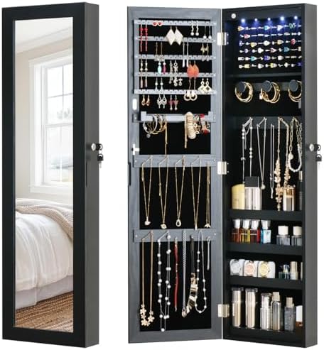 Full Length Mirror Jewelry Cabinet Organizer Lockable Door Wall-Mounted Jewelry Armoire with Shelves and Behind the Door Storage Black by MASMIRE